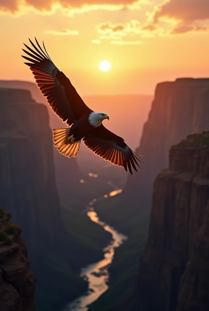 A bald eagle is soaring high above a deep canyon at sunrise, award winning National Geographic photograph
