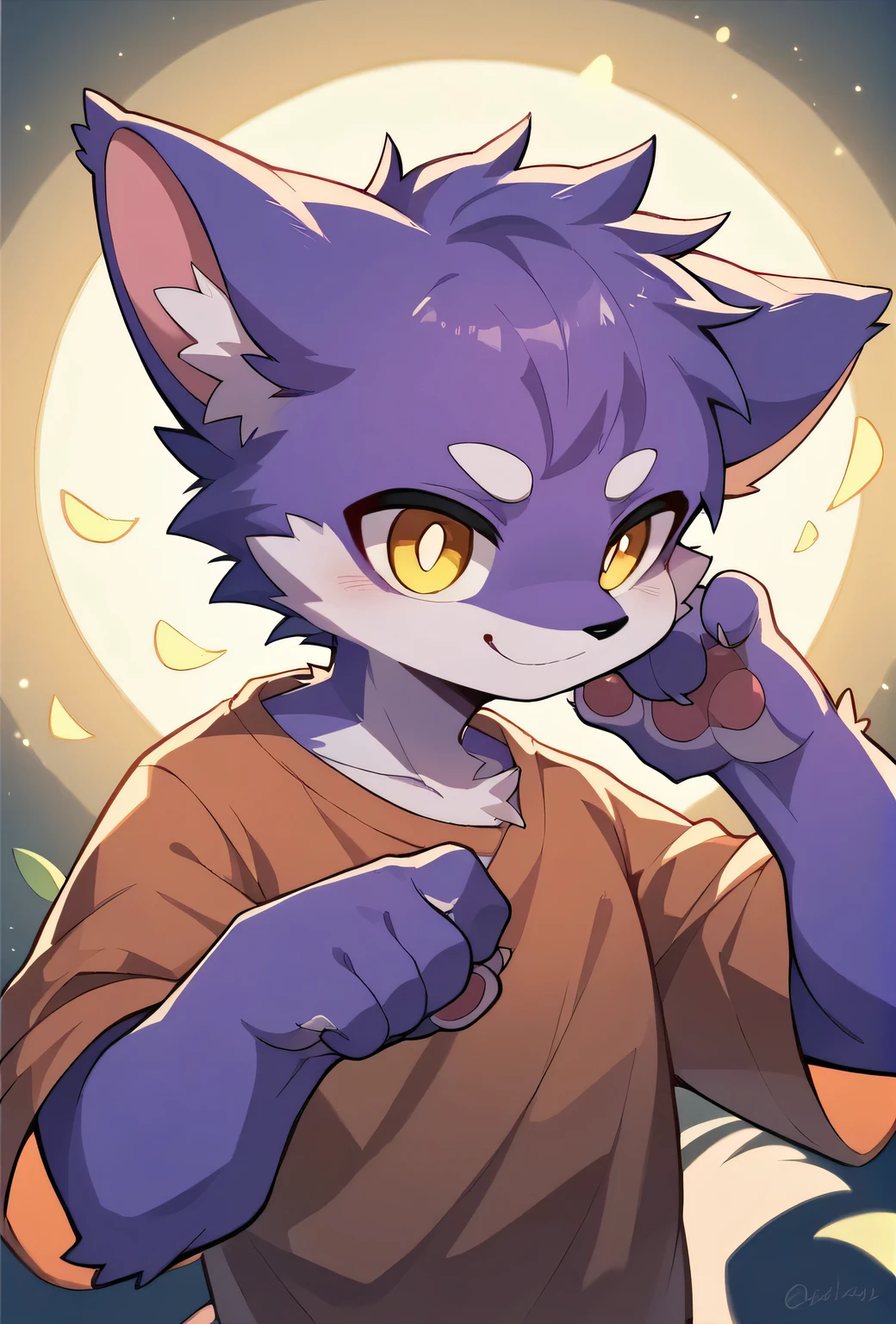 hairy, Purple fur, Super cute face, Purple elements on fur,Yellow eyes, Beautiful lighting and shadows, Ambient Light, Extremely fine fur, wearing clothes,Volumetric Light,Separate one!!!,avatar,male!!!,Draw only the head,Solo!!!!,male!!!,male!!!,male!!