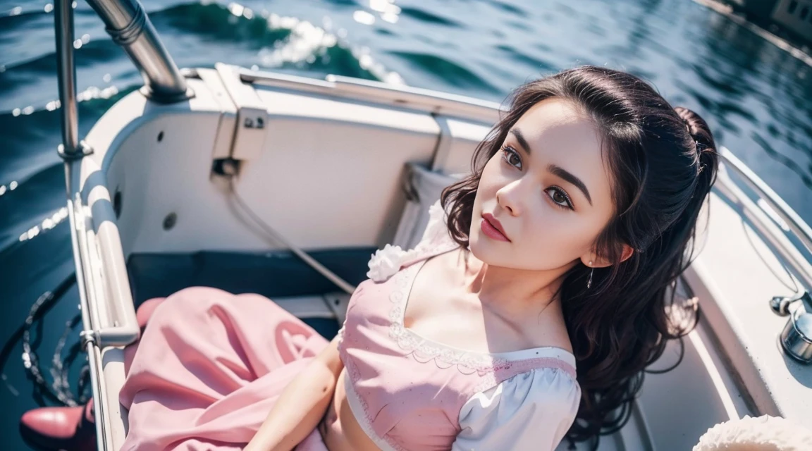 Beautiful and lovely Austrian girl, (Crop Top), Black scattered hair, Wearing a pink top , Pink boots, White fluffy clothes, Short skirt and long gown , Sitting on a boat in the middle of the sea , Perfectly symmetrical face, Realistic and detailed skin, 4K , HDR, Hard Shadows, Art Photography, Clear focus, masterpiece, thrilling, Atmospheric perspective, diffusion, Porosity correlation, Skin blemishes, 80mm Sigma f2, Depth of Field, Complex natural lighting