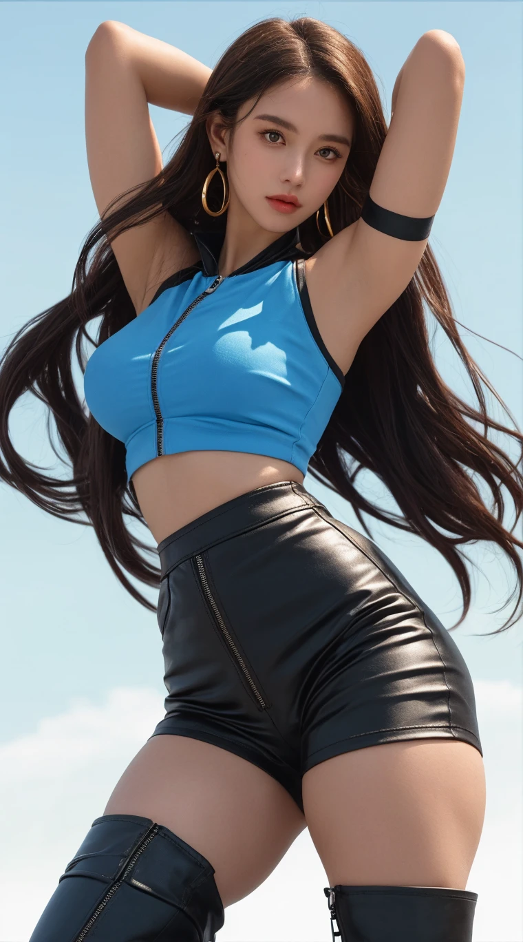 Korra from the legend of korra, beautiful woman with bold features, wearing high neck top, baggy pants, high boots, big blue eyes, gorgeous look, black overhead pony tail hair, realistic, photorealistic, photo-realistic:1.37, best quality,4k,8k,highres,masterpiece:1.2,ultra-detailed,vivid colors,physically-based rendering,extreme detail description,professional