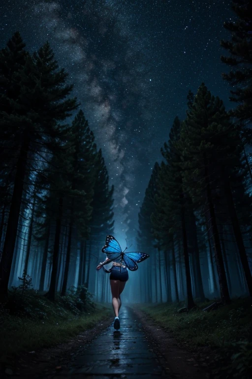 blue butterfly, running away from a dark and gloomy forest during the night of starry skies