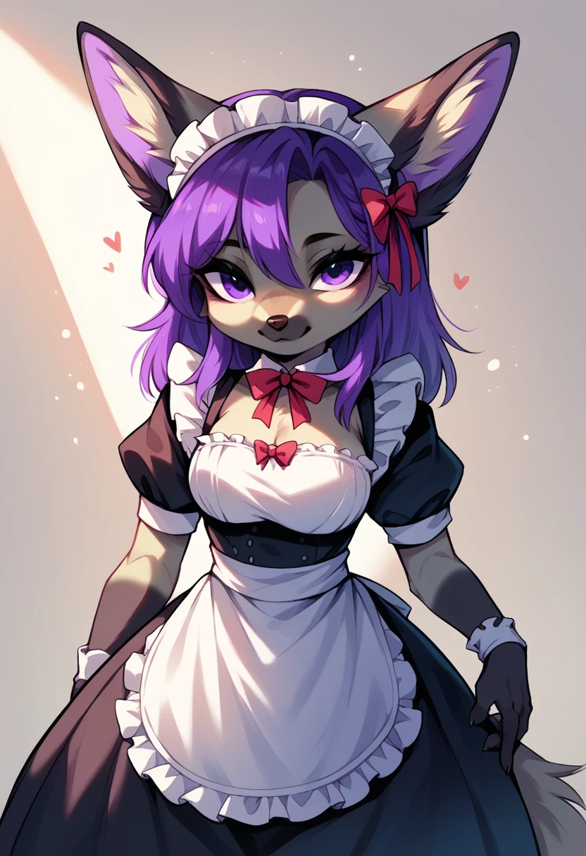 anthropomorphic animal furry fox fennec fox female adult, black fur color, the color of the eyes purple and red, the hair color is black and a little purple, jojos style, a cute and beautiful appearance, maid clothes