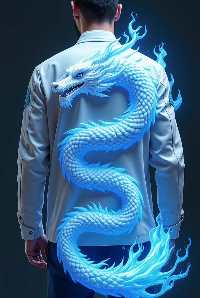 Chinese white dragon with blue flames on a jacket printed on the back