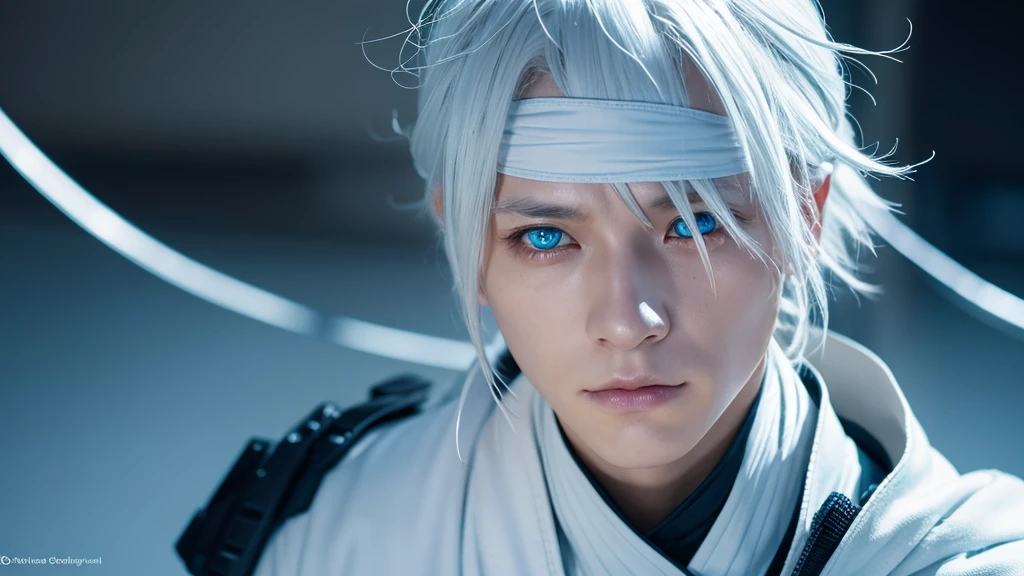 full body angle, realistic photography, canon EOS 5D, Japanese animation Jujutsu Kaisen, Satoru Gojo, Light Blue Eyes, White hair,A character with white hair and a blindfold over their eyes, lifting the blindfold slightly with one hand to reveal a single blue eye, I'd like to transform it into a real person, live-action style, set in a realistic environment