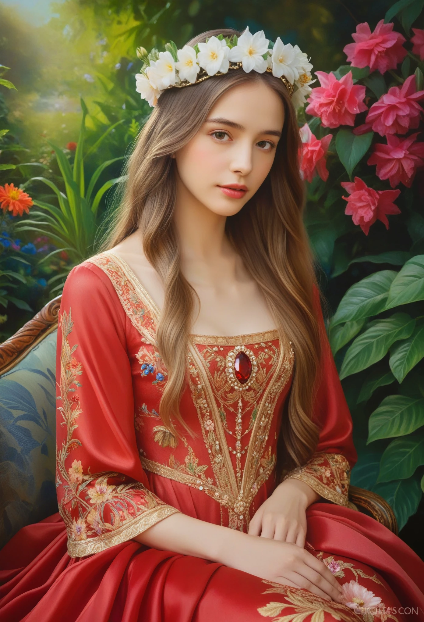 (Best Quality, 4K, 8K, High Definition, Masterpiece:1.2), (Ultra Detailed, Realistic, Photorealistic:1.37), a beautiful young woman with delicate facial features,flower crown,long elegant hair,ornate jeweled headpiece,red silk dress,sitting in a lush garden,surrounded by colorful flowers,intricate background details,cinematic lighting,delicate brushstrokes,oil painting,highly detailed,dramatic,romantic,soft color palette,dreamlike atmosphere