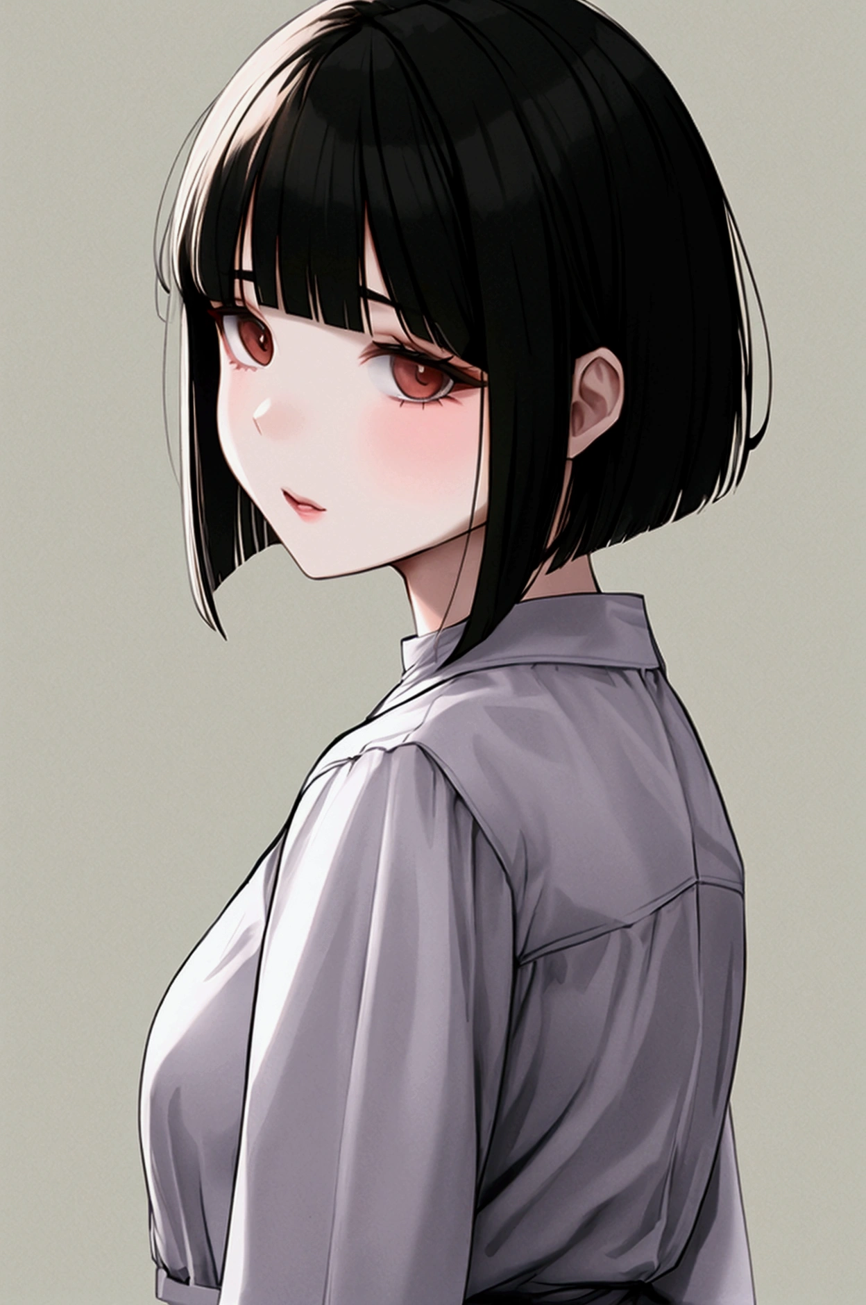 , bob-cut hairstyle, chubby cheeks, pale complexion, often dresses herself casually