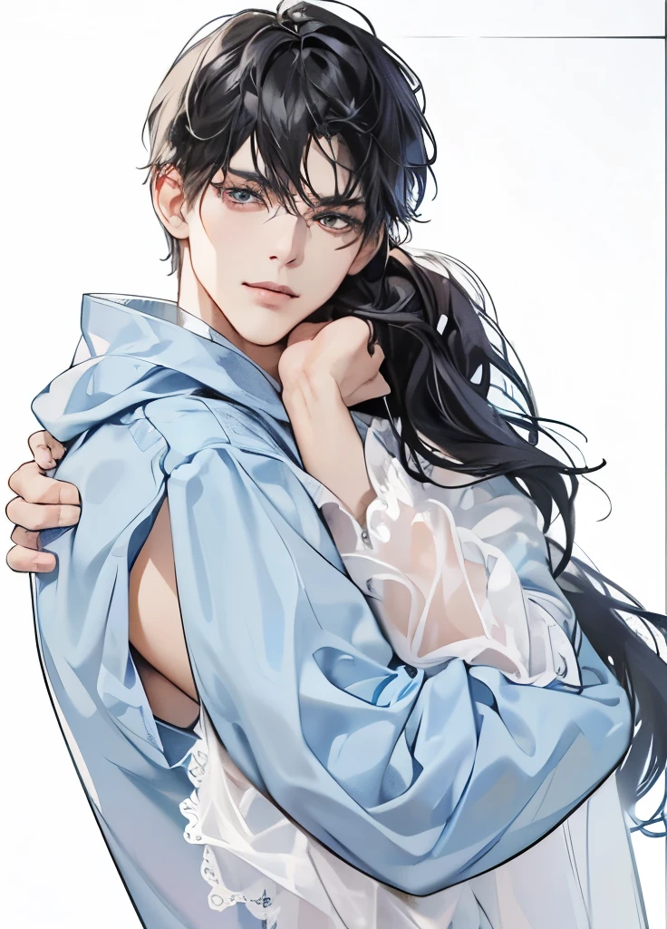 (table top, digital art, digital illustration, 4K, 8K, super detailed, beautiful images, clear image, realistic, RAW photo, perfect face, perfect lines, perfect eyes, soft lighting) ,1 female, (long white hair,parted bangs、bullish look, man,closed mouth,smirk,Mature,(slender,),23 year old male,:1.3),and 1 male, a handsome guy、serious expression、please close your mouth、He is wearing a black hoodie and has his hood up.、Grabbing the hood with both hands、cool look、blue neon light、Highly Detailed CG Unity 8K Wallpaper, (super masterpiece, beautiful person, well detailed face polluted smile, It's photorealistic, hyper realistic)