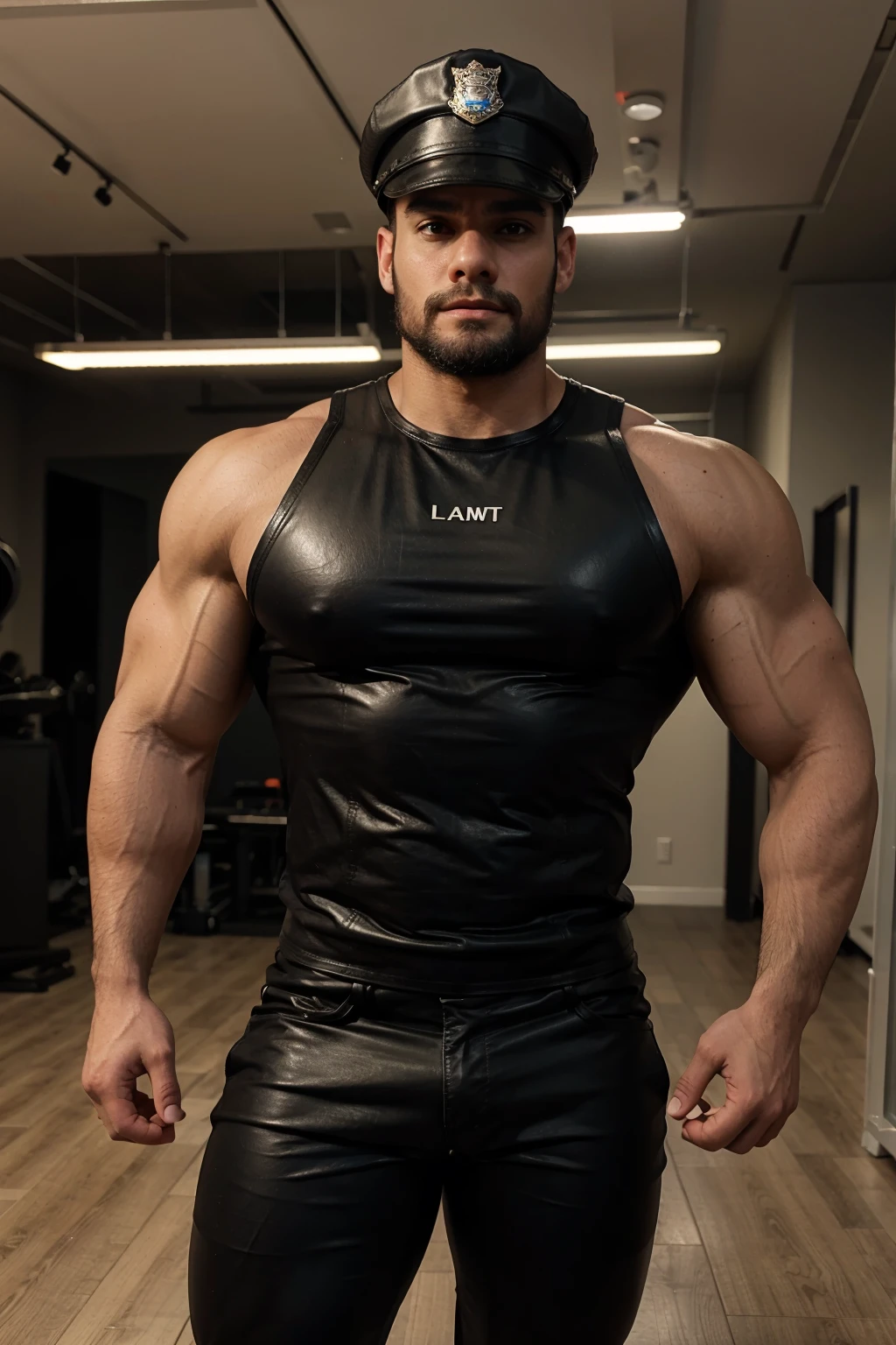 hot masculine man with extremely huge muscles and big biceps,tall 6 feet man,wearing full black tight leather tank top and leather police cap,tight leather leggings,Full chest muscles，Swelling of chest muscles,studio lighting