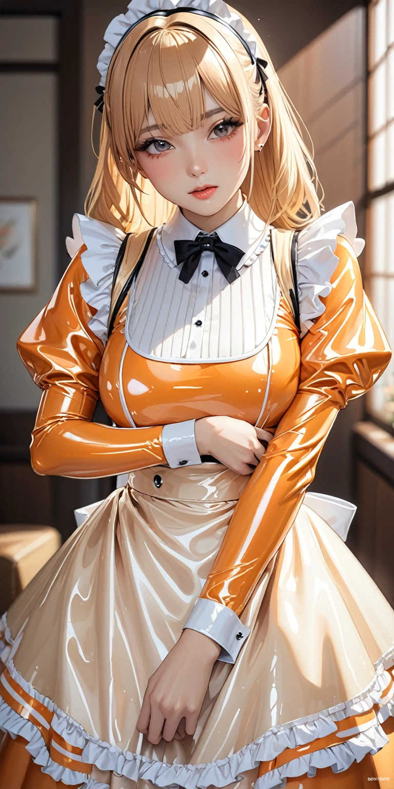 Portraiture、(masterpiece,Highest quality,Ultra-high resolution),Japanese women, Maid Headband、(((A very beautiful 25 year old)))、(She is wearing a shiny light orange latex long sleeve maid outfit..)、((A dress that doesn't reveal any skin))、(((A long skirt made of pale orange latex.)))、Pale orange latex gloves、((Pale orange latex bodysuit))、Sitting on a bed in a dark room