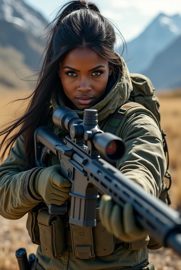 Far Cry 5, black skin, Grace Armstrong, eye black, sniper, military outfit, wielding sniper rifle, smile, looking at viewer