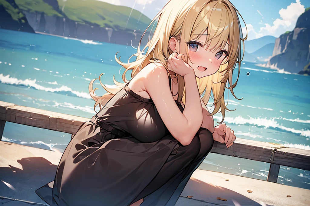 (Masterpiece, Top quality:1.5), nsfw, from side:1.2, (1 beautiful girl, solo:1.2), squatting down, (Blonde:1.3), medium Hair, wavy Hair, asymmetry bangs, swept bangs, airy hair, large breasts:1.2, 14 year old, (sundress:1.3), smile:1.3, blush, beautiful scene of seaside, magnificent panorama view, blurry background ,open mouth, wet