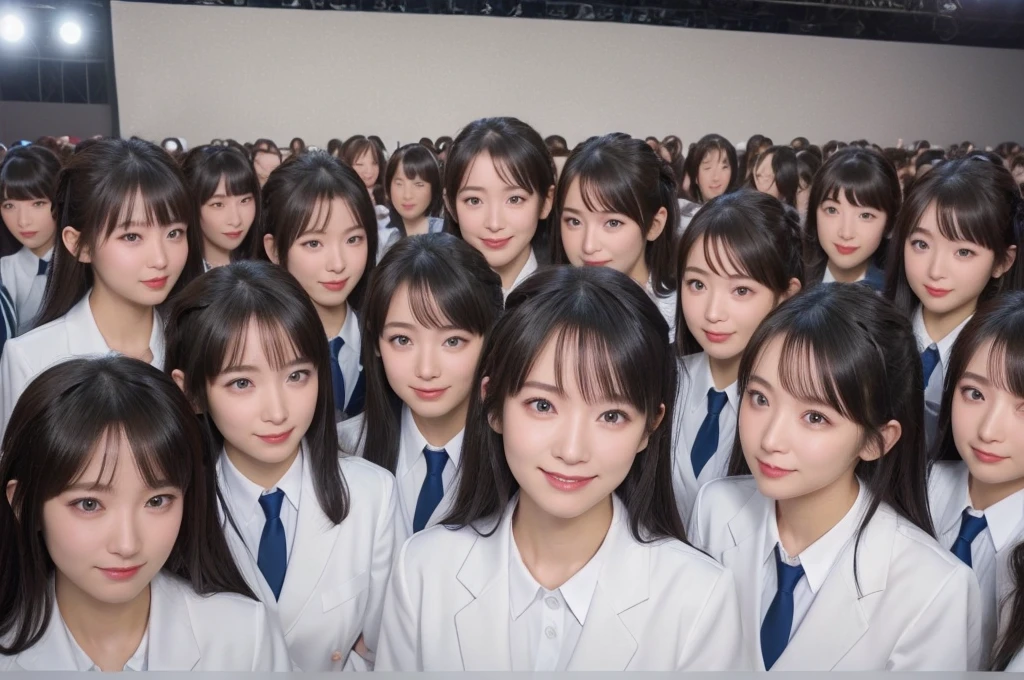 (((8k, 超High resolution, Highest quality, masterpiece))), (Insincere laughter), (avoid), (((22 years old)))、Japanese Girls、Beauty、Beautiful Skin、(((multiple girl)))、((((6+girl))))、((((100))))、(((1000)))、((((100 Girls))))、(((10000)))、(((Crowd Shot)))、(((women only)))、(((The same face、Perfect match)))、Office Girls、(((Big Breasts)))、Matching clothes、Semi-long hair、Black Hair、100 cute 、smile、Main Street、stage、(((Large Groups)))、High resolution、Soft Light、Beautiful detailed、Very detailed、eyes and face、Beautiful attention to detail、Wide-angle field of view、top view