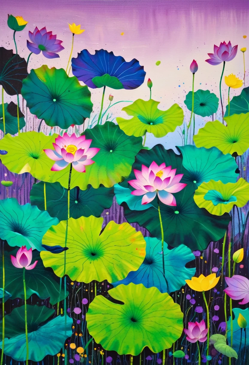 A painting:(((Colorful black,Chalk painting,Oil stick painting,Volume,Thick coating,Uneven texture,Plaster texture,Graffiti)))。Colorful black,(((Lotus leaves on the surface of the water))), Bright colors, Purple和, cute的, Bright colors,cute, Lavender Color and Color Schemes, 和Purple的配色方案, Beautiful Art, Purple, Whimsical Art, 和Purple色调, Lime and Violet, Close together,, spring, Inspired by Tomokazu Matsuyama, Delightful