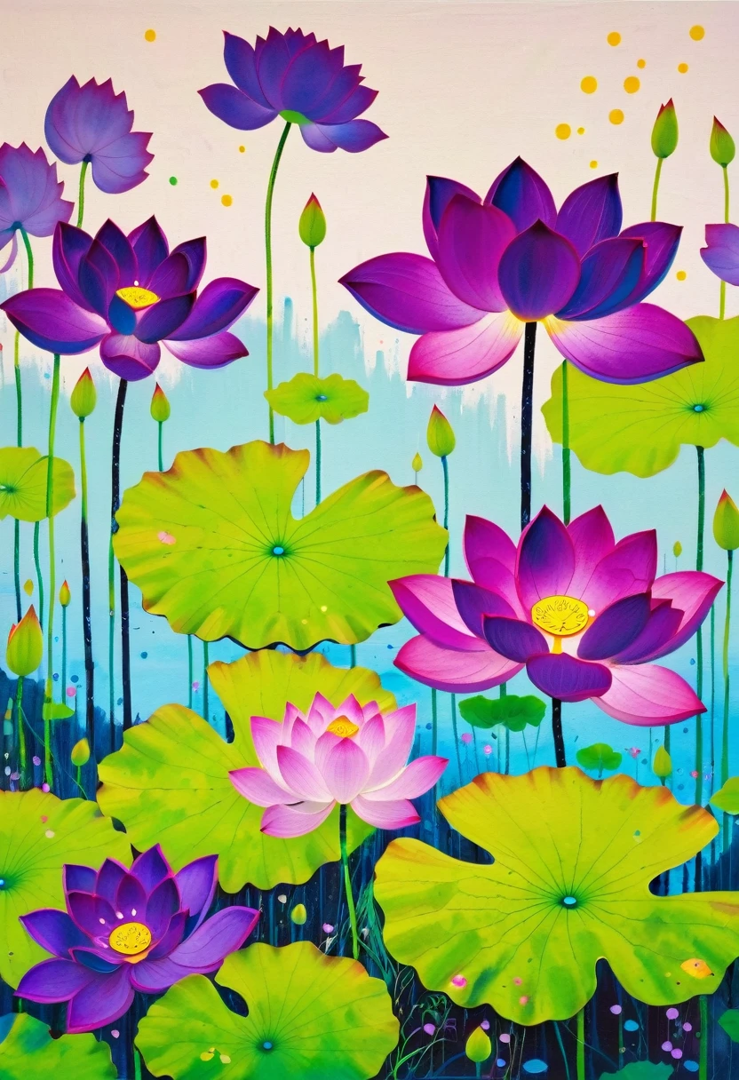 A painting:(((Colorful black,Chalk painting,Oil stick painting,Volume,Thick coating,Uneven texture,Plaster texture,Graffiti)))。Colorful black,(((Lotus leaves on the surface of the water))), Bright colors, Purple和, cute的, Bright colors,cute, Lavender Color and Color Schemes, 和Purple的配色方案, Beautiful Art, Purple, Whimsical Art, 和Purple色调, Lime and Violet, Close together,, spring, Inspired by Tomokazu Matsuyama, Delightful