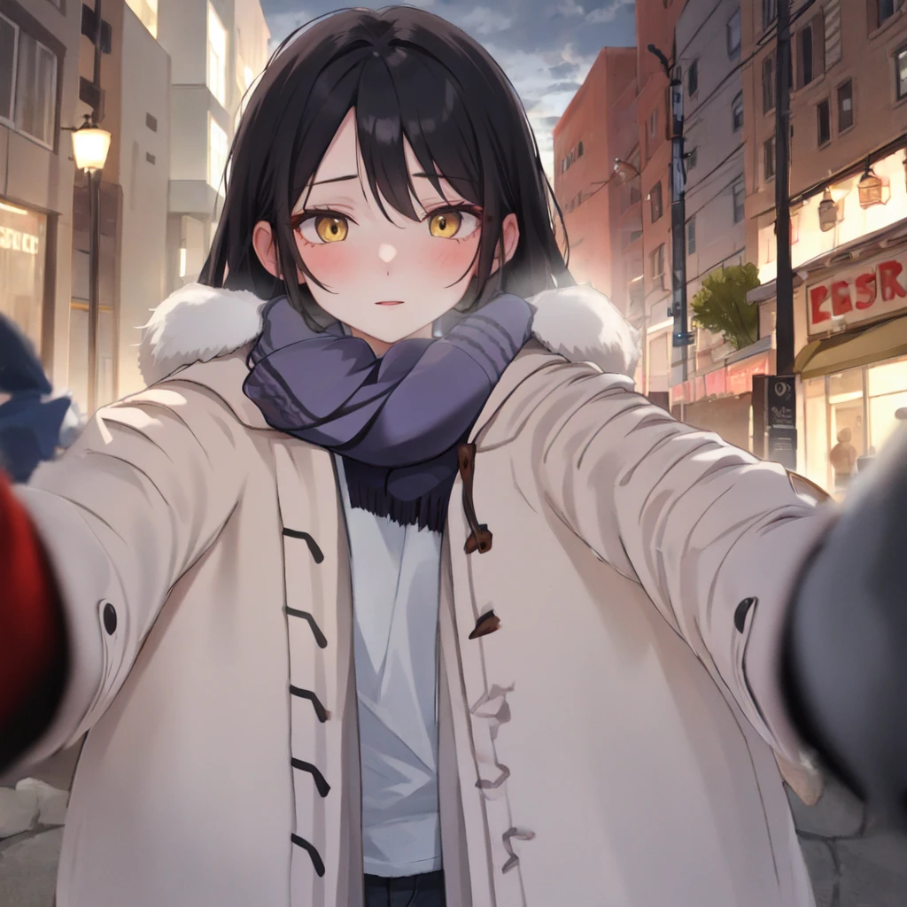 (pov cheek warming:1.2),solo,looking at viewer,1girl, black hair, yellow eyes,open jacket,cloudy day,mount,winter night, street, scarf,