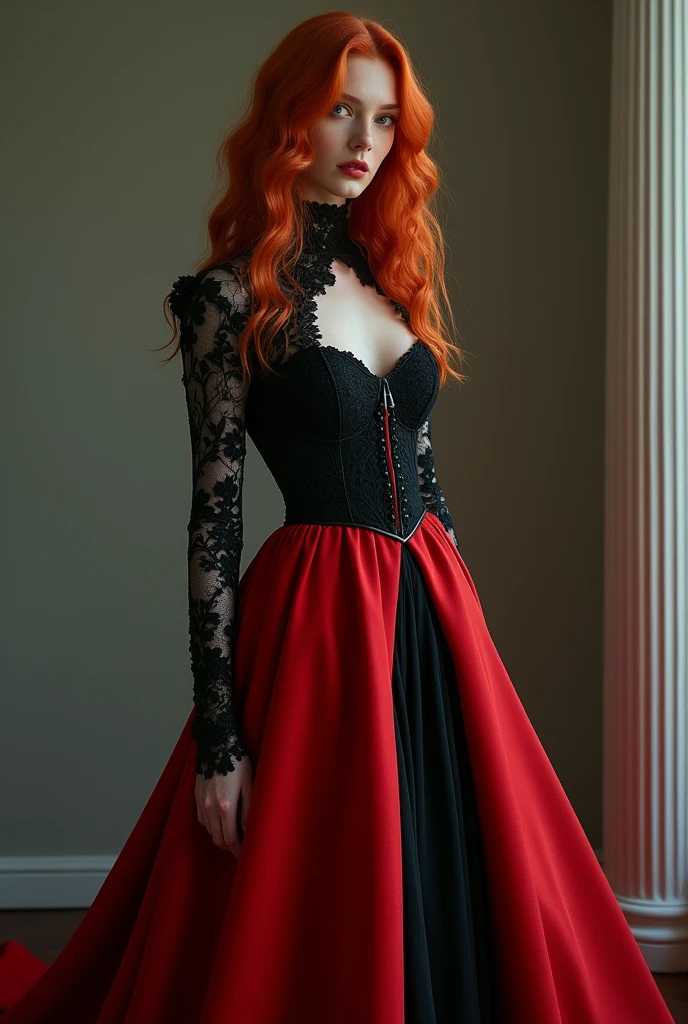 Redhead girl in long black and red dress full body