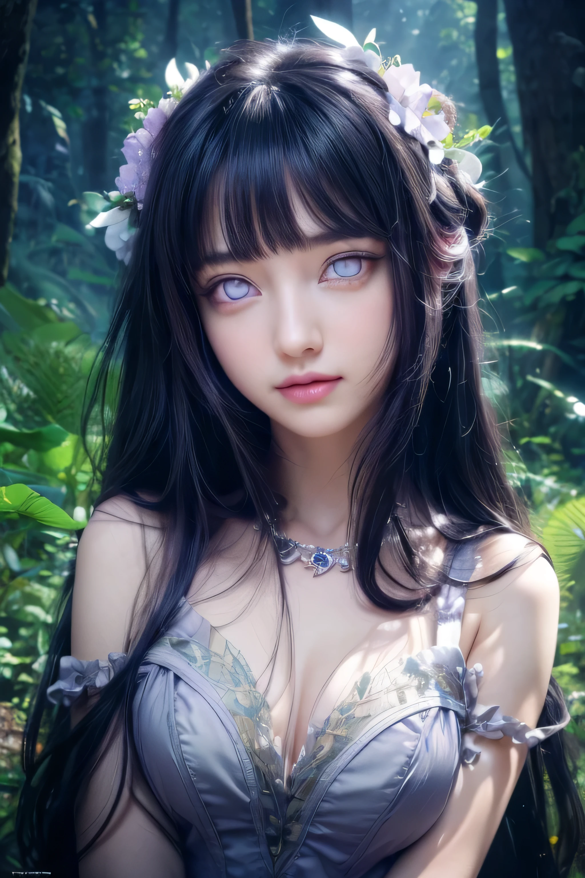 masterpiece, best quality, (realistic,photo-realistic:1.4), (RAW photo:1.2), extremely detailed CG unity 8k wallpaper, delicate and beautiful, amazing,finely detail, official art, absurdres, incredibly absurdres, huge filesize, ultra-detailed,extremely detailed eyes and face,light on face,hinata,(little smile),(black hair:1.4),(long hair:1.4),(wearing ring dress:1.5),(nature background:1.4),(light purple eyes:1.5),hair ornament