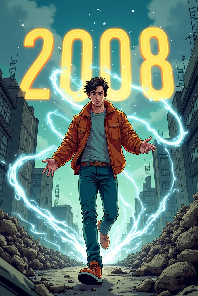 Description: The same young man is magically transported through time, with a visual effect of waves or timelines around it. The background shows the year "2008" in big, along with debris and damaged structures to represent the earthquake. comics style