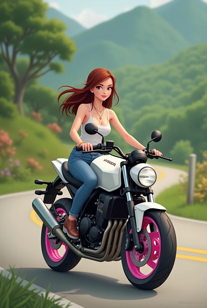 the charming Penelope riding a 2009 cbx 250 twister, white with pink rims and a black engine