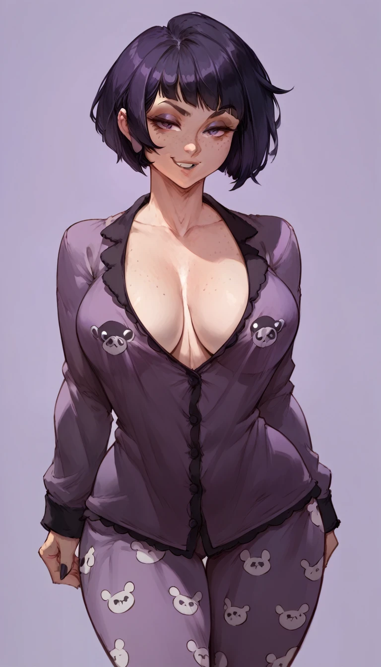 (solo) female , black short hair, woman, (big breasts:1.5), attractive, goth,pajamas,  fit body, thicc, freckles, freckles on face, smug eyes, (happy expression), she is standing look to the viewer , violet background, simple background, thick thighs  (((back view))) 