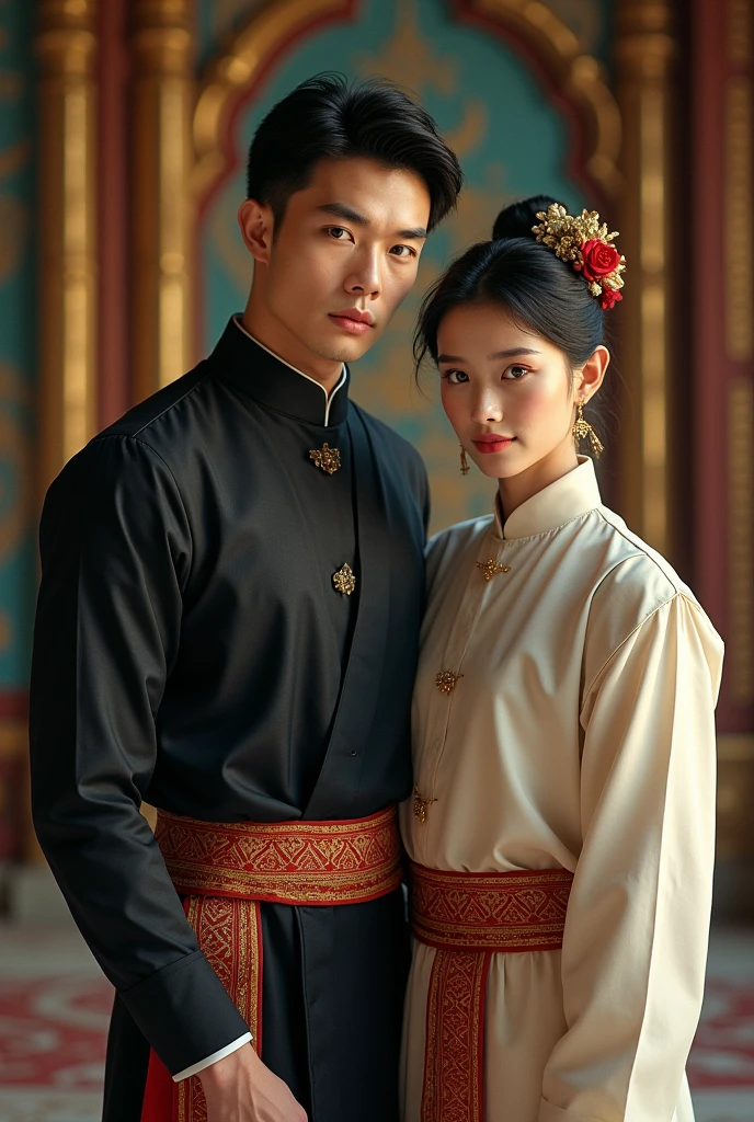An ancient young couple. One young man is tall and muscular and likes to wear dark clothes. The other man has a slim waist, is small, has fair skin, and is cute and likes to wear light-colored clothes. Both of them wear Thai clothes from the reign of King Rama V.