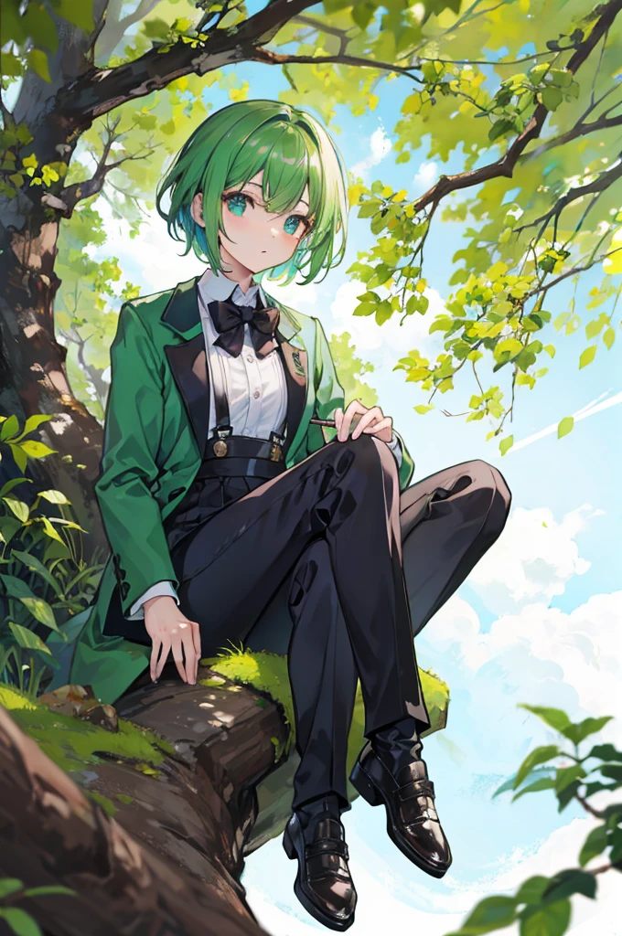 sitting on a high branch of a tree with green leaves、With short green hair、He was wearing a green suit jacket, a white shirt, black suspenders and black trousers.、Wearing brown boots、youth、