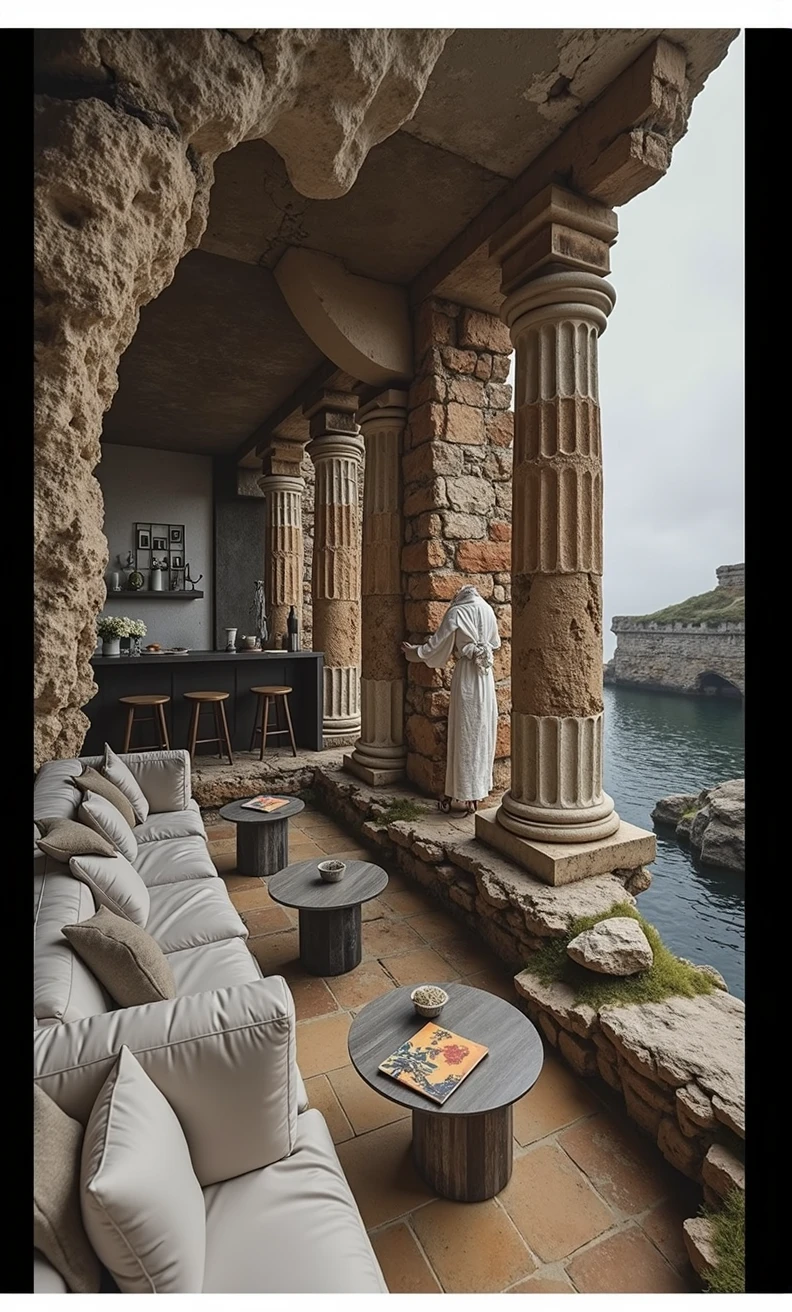 arafed stone pillars and pillars in a stone building with a table and chairs, epic vista of old ruins, surrealistic roman architecture, ancient roman setting, located in a castle, old roman style, ancient roman style, render dramatic, inside ancient greek ruins, sitting in a castle, hyperrealistic matte painting, ancient ruins, ruined architecture, hyperrealistic aesthetic, portrait of a white woman, 40 years old, long straight blond hair, blue eyes, slim, full body, historical photography, ultra - realistic, natural light, Canon 5D, DSLR, 50mm, style raw, complex background, fine face and nose, fine mouth, smooth hair, skin pore visible, (Very detailed RAW photo), (photorealistic, dramatic and cinematographic lighting, Main light, Fill light), sharp focus, cinematographic, imperfect skin, Tissues, Textures, detailed face, detailed skin, detailed fingers, NaturalHand2-3500, analog film photo Deep photo, depth of field, Ferrania P30 Film, shadow, perfect face and body, low light, flash camera, washed-out film, desaturated, 35mm photo, grainy