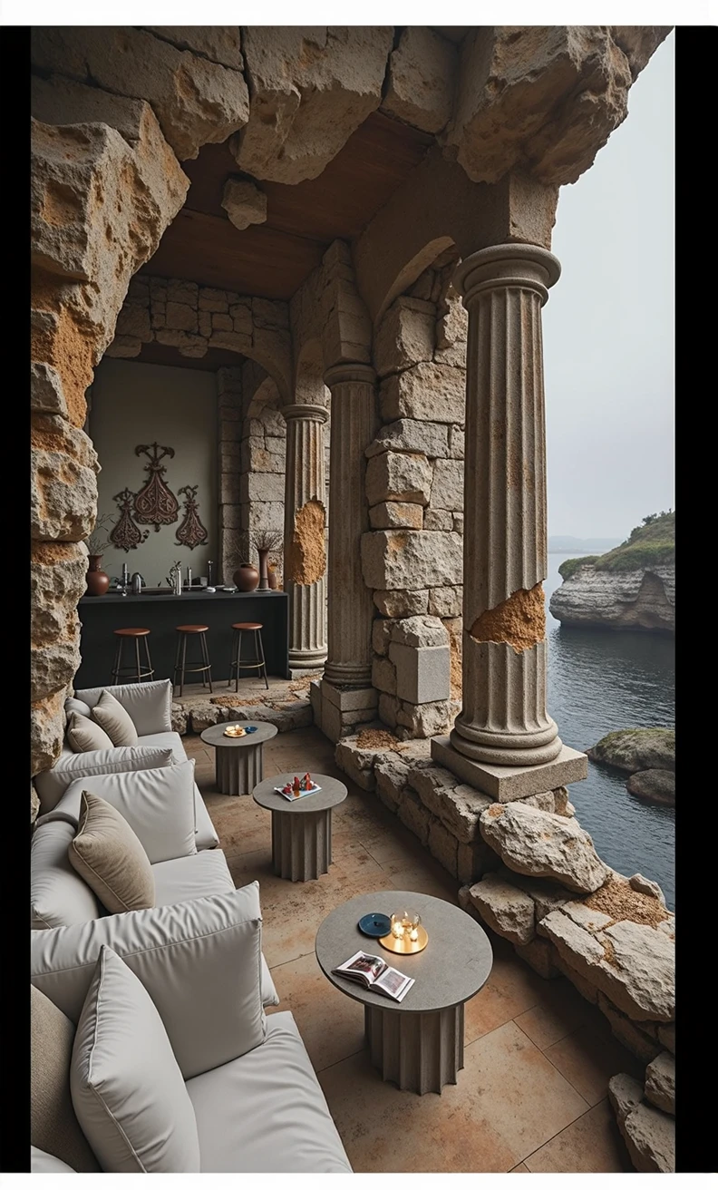 arafed stone pillars and pillars in a stone building with a table and chairs, epic vista of old ruins, surrealistic roman architecture, ancient roman setting, located in a castle, old roman style, ancient roman style, render dramatic, inside ancient greek ruins, sitting in a castle, hyperrealistic matte painting, ancient ruins, ruined architecture, hyperrealistic aesthetic, portrait of a white woman, 40 years old, long straight blond hair, blue eyes, slim, full body, historical photography, ultra - realistic, natural light, Canon 5D, DSLR, 50mm, style raw, complex background, fine face and nose, fine mouth, smooth hair, skin pore visible, (Very detailed RAW photo), (photorealistic, dramatic and cinematographic lighting, Main light, Fill light), sharp focus, cinematographic, imperfect skin, Tissues, Textures, detailed face, detailed skin, detailed fingers, NaturalHand2-3500, analog film photo Deep photo, depth of field, Ferrania P30 Film, shadow, perfect face and body, low light, flash camera, washed-out film, desaturated, 35mm photo, grainy