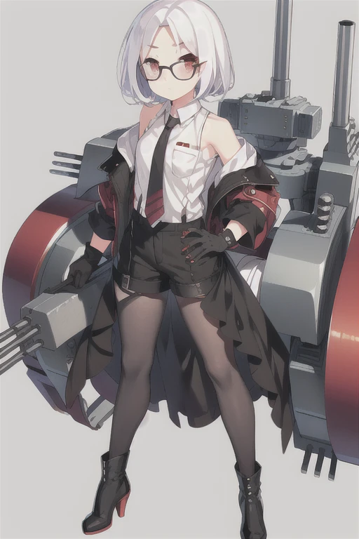 Vittorio_Veneto \(warship girls r\),((masterpiece)),(((best quality))),((ultra-detailed)),((illustration)),((disheveled hair)),((frills)),(1 girl),(solo),1girl, adjusting eyewear, bangs, bare shoulders, black footwear, black gloves, black legwear, black shorts, book stack, boots, bucket, cannon, character name, closed mouth, collared shirt, cup, eyebrows visible through hair, full body, glasses, gloves, gradient, hand up, high heel boots, high heels, looking at viewer, machinery, mecha musume, mug, necktie, off shoulder, pantyhose, parted bangs, red eyes, rigging, shirt, short hair, shorts, smoke, smokestack, solo, standing, striped, striped necktie, suitcase, sunglasses, turret, white hair, white shirt