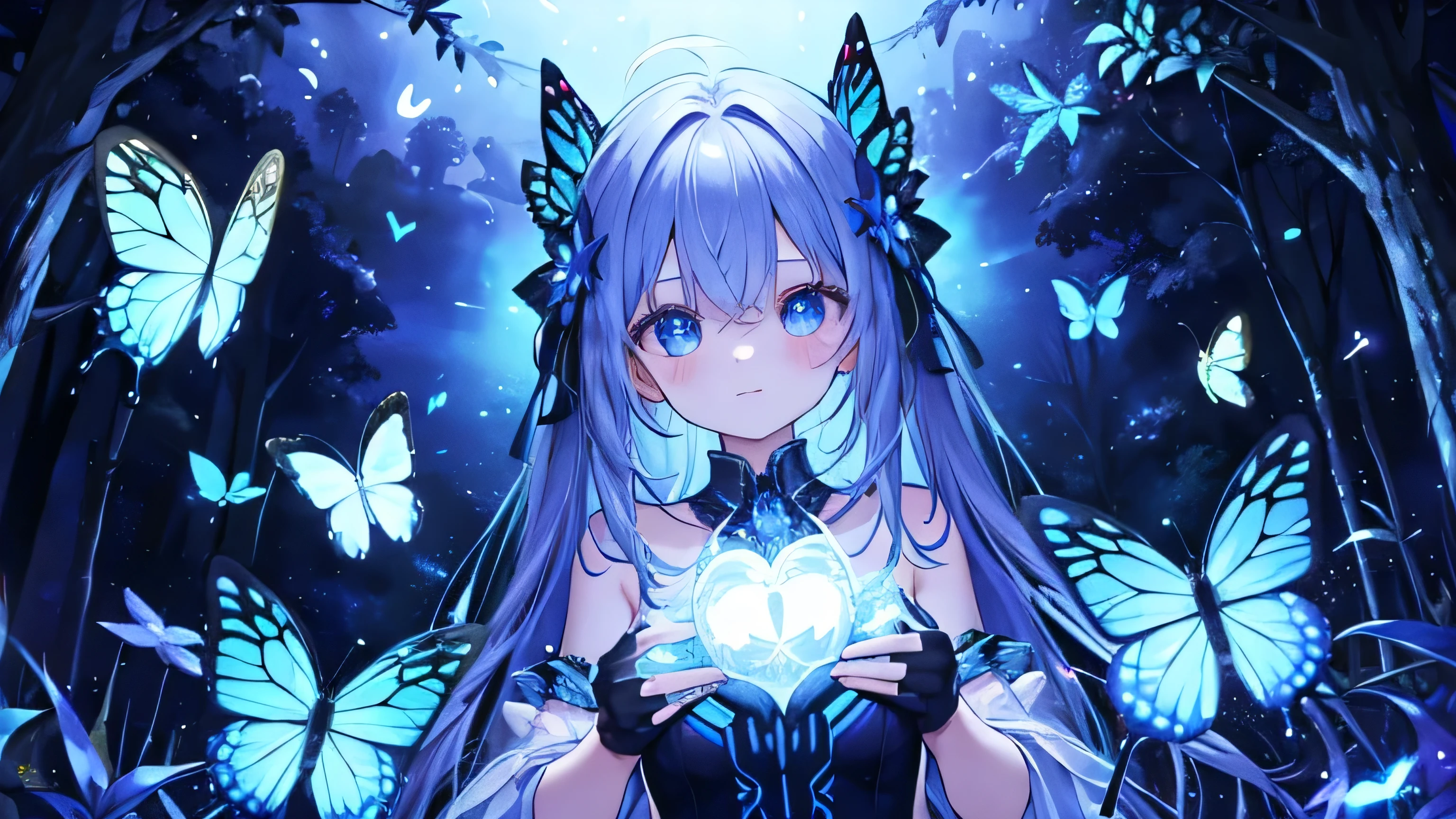In the dark forest, there are so many many beautiful glowing butterflies and beautiful glowing fairies Mr./Ms..