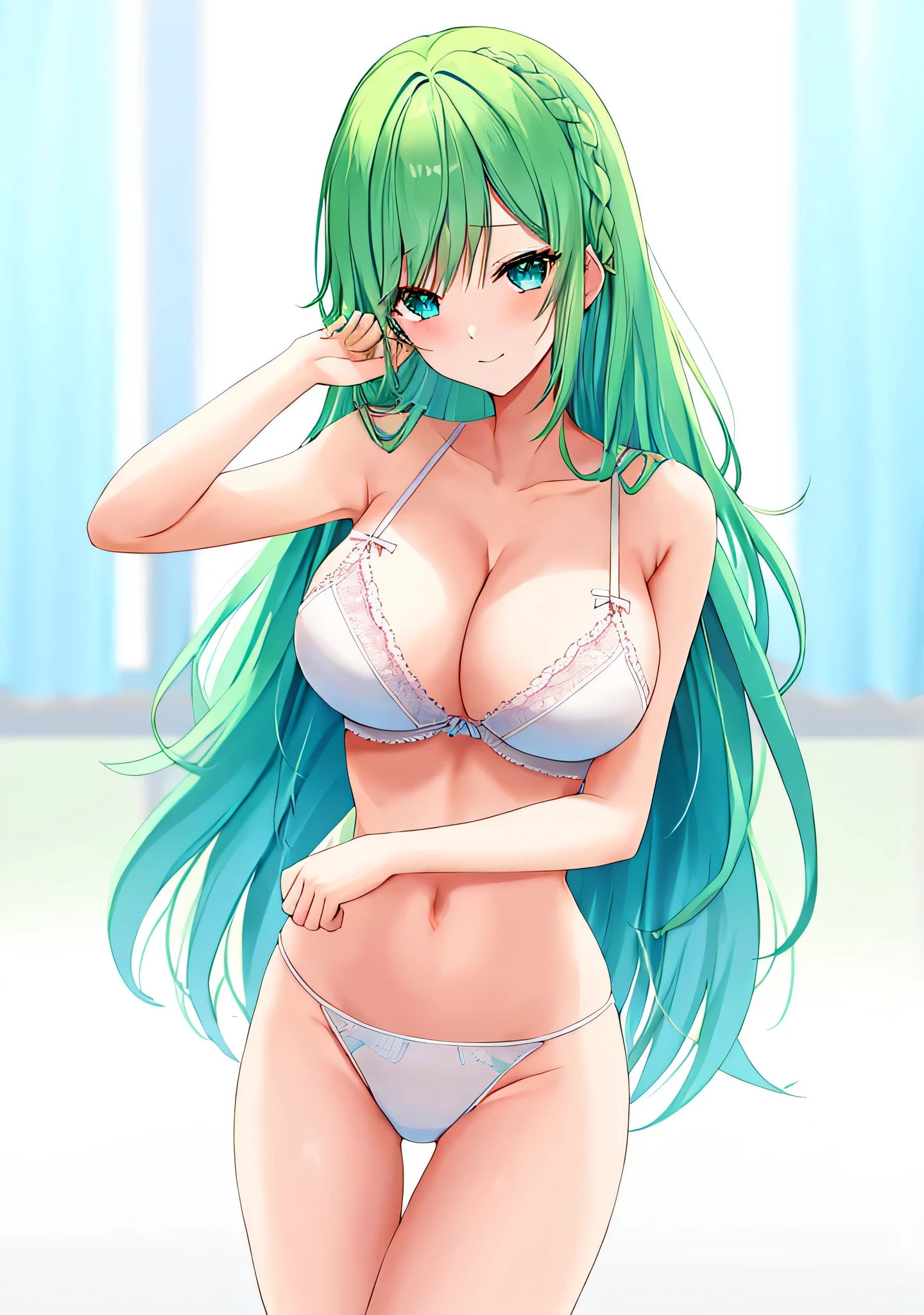 アニメの in a bra and panty posing for a picture、long green hair woman、Blue Eyed Woman、Braid、Half Up Hair、clothing:White bra、Anime Women with teal hair、bra with an white、panty with an white、Anime Moe Art Style、lingerie with an white、solo、seductive Anime Women、Beautiful attractive anime 、Big Breasts、A woman with very large breasts、pretty Anime Women、The King's Hymn as a Princess、(Anime Women)、Cel-shaded anime、Tall Woman、Adult sex appeal、whole body、Are standing、Anime Women with long hair、Female focus、