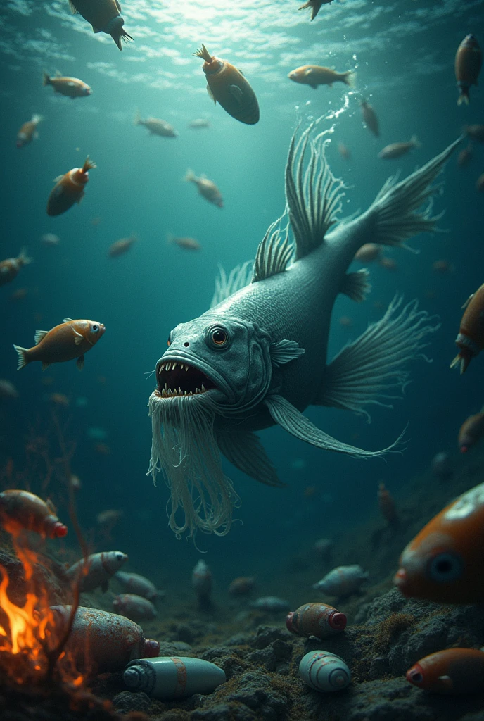 an image in which a fish is being suffocated by a bag and around dead fish more metaphorical and with more plastic around DO NOT DO IT WRAPPED IN A BAG but being hanged more chaotic with fire under the water and dead fish swallowing plastic in a bottle