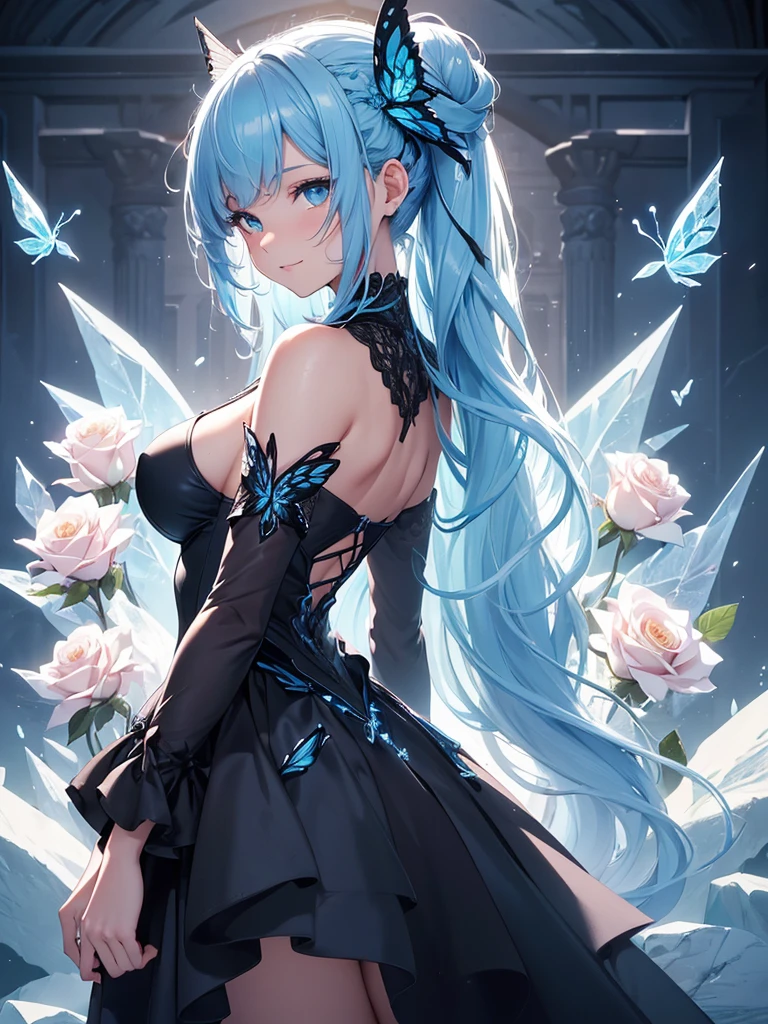 (((best quality, sharp image, clear image, cinematic warm lighting, 8k resolution, masterpiece, ultra detailed, intricate))) Girl, (((looking over shoulder))),shot from behind, sorcerer, cute, ice blue hair, intricate dress, black dress, braided hair, ribbons in hair, smiling, Ice blue, ((intricate background)), (rune frame), dimension, ((ice butterfly on back)), ((ice roses in border)).