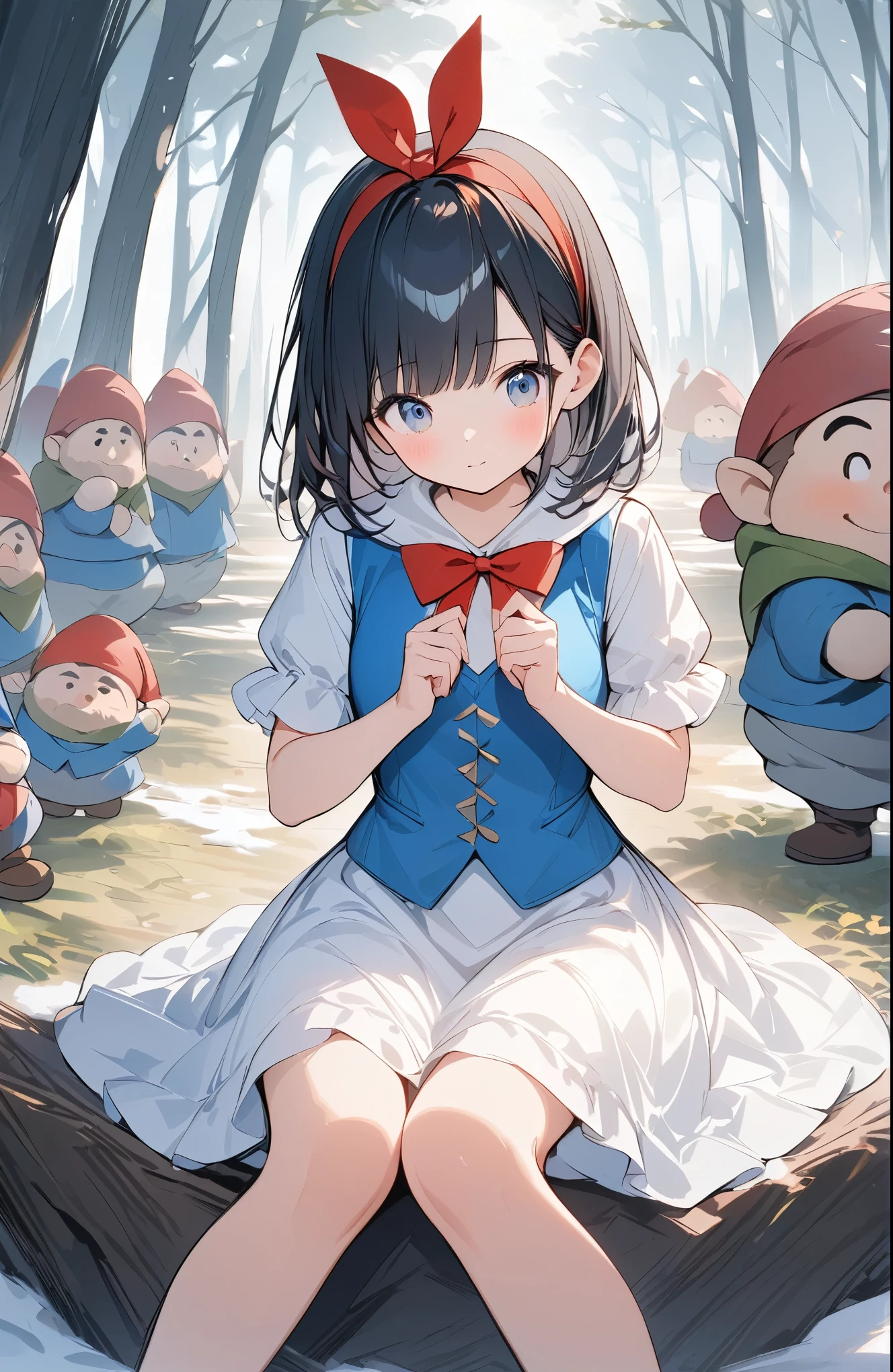 ((Amazingly absurd)),超High resolution, Attention to detail, high quality, High resolution, 最high quality, 4K, 8k,BREAK,in the forest,snow white,Big Red Ribbon,((White Dress,Blue Vest)),((The Seven Dwarfs))、sit