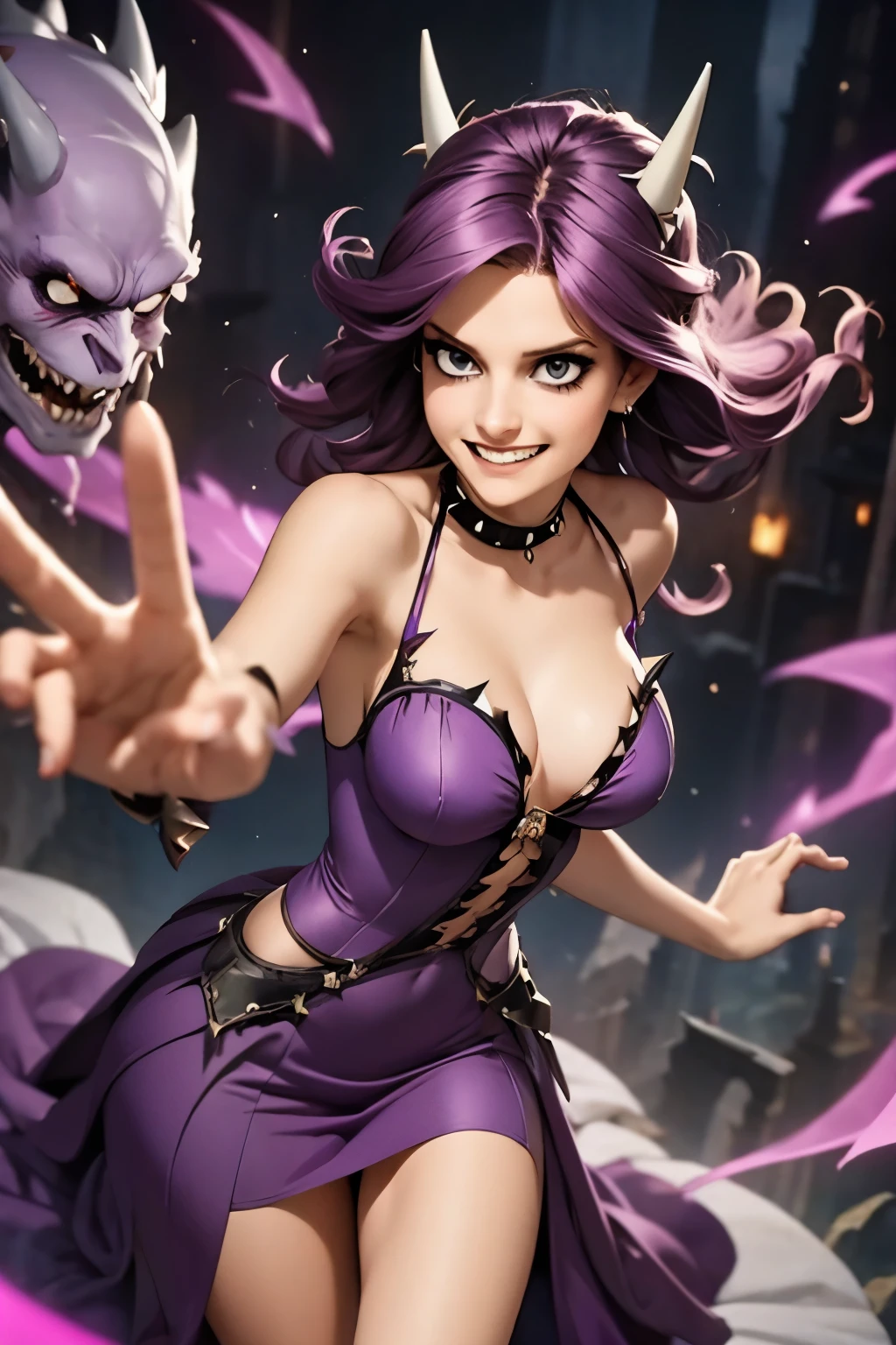 Ghost, (monster girl), purple skin, spikes, spiky purple hair, a fanged grin, floating hands, dressed in a dark-purple dress, floating in midair, masterpiece, best quality