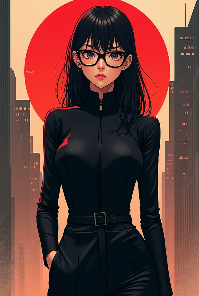 Generate a girl with glasses and wearing in black that look really powerful, smart and a manipulater in anime