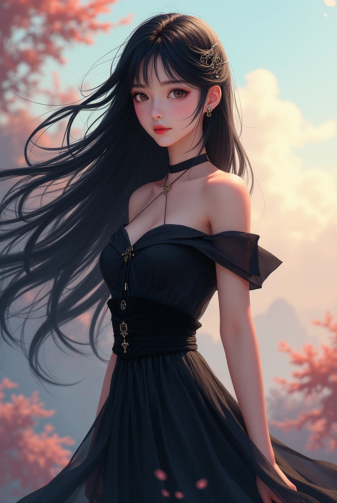 Ultra-high resolution, Clear face, （Reality： 1.4）, perfect lighting,(photorealistic), anime wallpaper, Guviz style artwork, fantasy to magic cover, beautiful artwork illustration, beautiful digital artwork, beautiful digital illustration , beautiful portraits, illustrations, delicate and beautiful, highly detailed, fine details, official art, highly detailed unity 8k CG wallpapers, highly detailed, high resolution, highly detailed, highly detailed eyes and faces, beautifully detailed eyes, cinematic lighting,1girl, solo, long hair, black hair, hair ornament, black dress,absudres, standing, (full body:1.3), (looking at viwer:1.3), (anime style:1.3),(pastel:1.5),