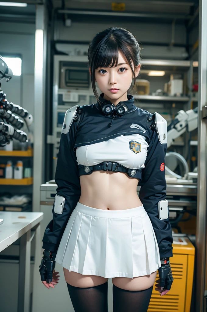 masterpiece, Best Quality, Extremely detailed, Japaese android highschool Girl,Plump ,Navy Pleated Mini Skirt,Black tights,control panels,android,Droid,Mechanical Hand, Robot arms and legs, Black Robot Parts,Black hair,Mechanical body,Blunt bangs,White abdomen,White Robotics Parts,perfect robot woman,The laboratory of the future,cyberpunked,Charging spot,android factory,Robot Factory,cyborg factory,Long Tube,A thick cable connects her neck,ceramic body,blue eyes,Mechanical body,android,robot humanoid,japanese highschool girl uniform,perfect robot girl