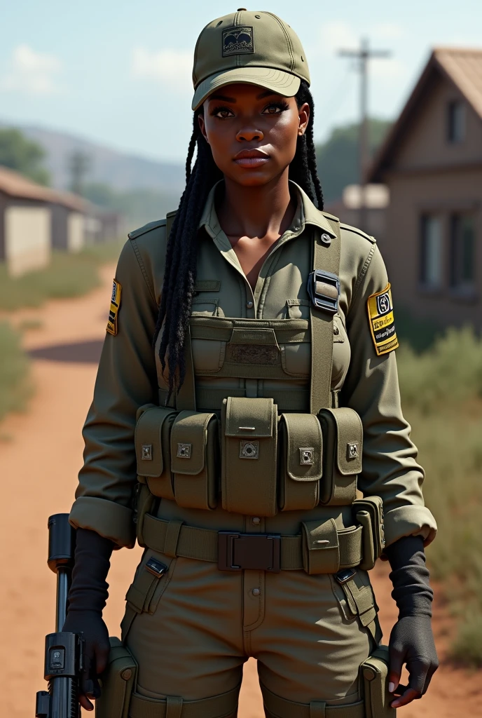 Far Cry 5, black skin, Grace Armstrong, eye black, braid, cap, sniper, military outfit, wielding sniper rifle, smile, looking at viewer