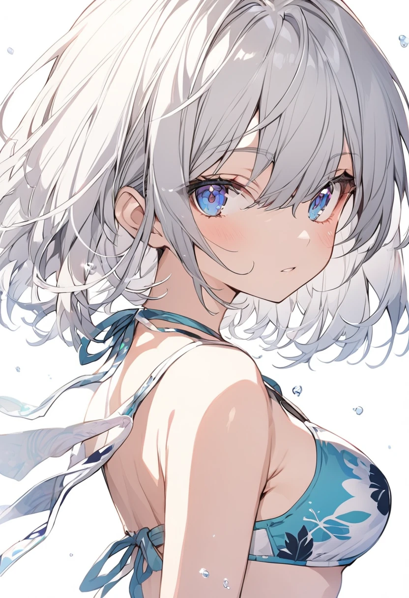Silver hair, blue eyes, short hair, anime girl, bikini, slightly large breasts