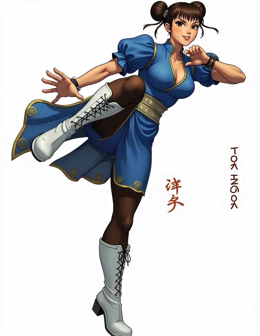 A movie poster depicting 1girl, a female fighter (Chun li a little chubby, cute smiling, huge eyes, (a bit curvy, small breasts, round ass, (short sized torso), medium mouth, very thick lips, almond-shaped eyes, chestnut hair, Gorgeous body, Beautiful large head and very symmetrical face. Very detailed clothing, street fighter, brown eyes, blue dress, ((pelvic curtain), (brown pantyhose), china dress), white cross-laced boots, bracelet, gold trim, jewelry, puffy sleeves, sash, short sleeves, side slit, spiked bracelet, spikes, double bun, hair accessories,cleavage, large nose, tan skin) in a folkloric chinese street, ((with the words "Street Fighter" written in large letters in the right side)), there's an old bicycle against the wall. Very detailed and intricate environment,