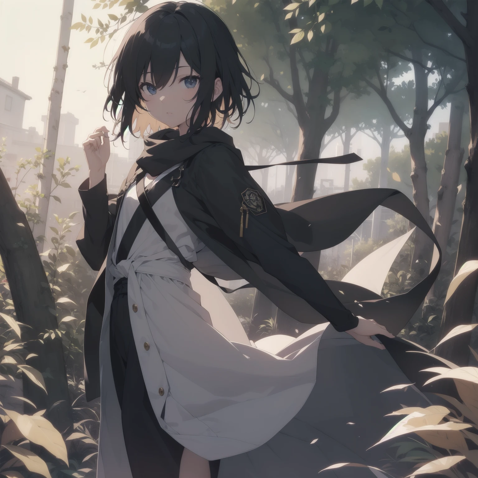ultra-absurdres-Top quality by artist God, ultra-detailed, high resolution, anime moe artstyle, best anime 8k konachan wallpaper, pixiv contest winner, pool:2810, perfect anatomy,break, 1girl, ninja, (Please draw a ninja girl walking sleepily to forest alone. )break,(Solo,little female, 10-year-old:1.3),Full limbs, complete fingers,(very short hair), short cut, flat chest, thighs, small butt, small black eyes, beautiful detailed eyes, well-proportioned iris and pupils, expressive eyes, highres detailed hair, expressionless,ninja clothes, bare arms, short kimono, short shorts, scarf, (Detailed Lighting), (Detailed background), night, in the forest. break,super detailed skin, Best cinematic lighting powered by famous artist, 8k,beauty illustration,photoshop_(medium),very aesthetic,break,((artist:creayus )), artist:clamp ,artist:carnelian ,artist:kantoku ,
