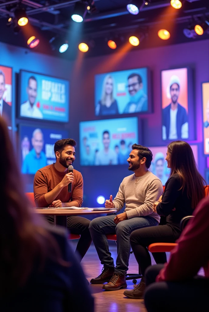 a stage where modern-day instagram memes and jokes are presented, an interviewer questions an interviewee, both are standing and laughing, and an audience laughing, humourous and casual environment, memes presented on indian politics, western culture, etc