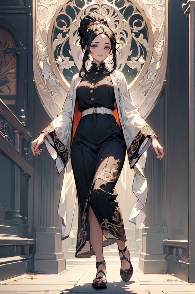 ((((High resolution, Intricate details, masterpiece, 8k)))), (((beautiful, Art Nouveau))), ((One Woman, full body, Walking)), (Black Hair, Long Hair, ponytail, slender), from front, looking at viewer, look at viewer, Red cheeks, smile, living, noon, bright,