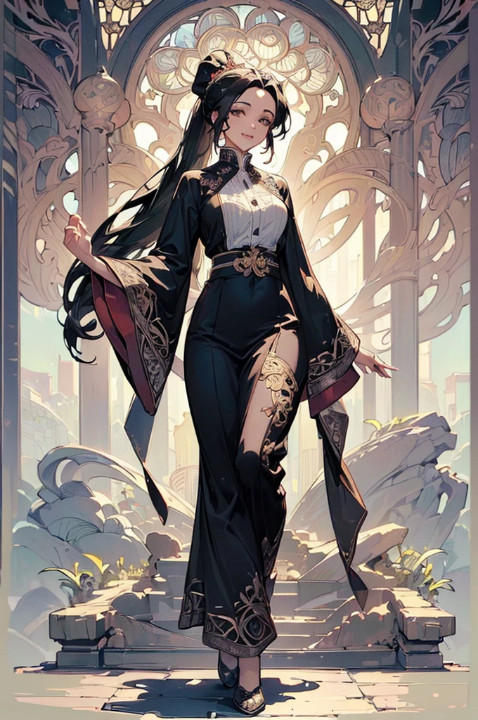 ((((High resolution, Intricate details, masterpiece, 8k)))), (((beautiful, Art Nouveau))), ((One Woman, full body, Walking)), (Black Hair, Long Hair, ponytail, slender), from front, looking at viewer, look at viewer, Red cheeks, smile, living, noon, bright,