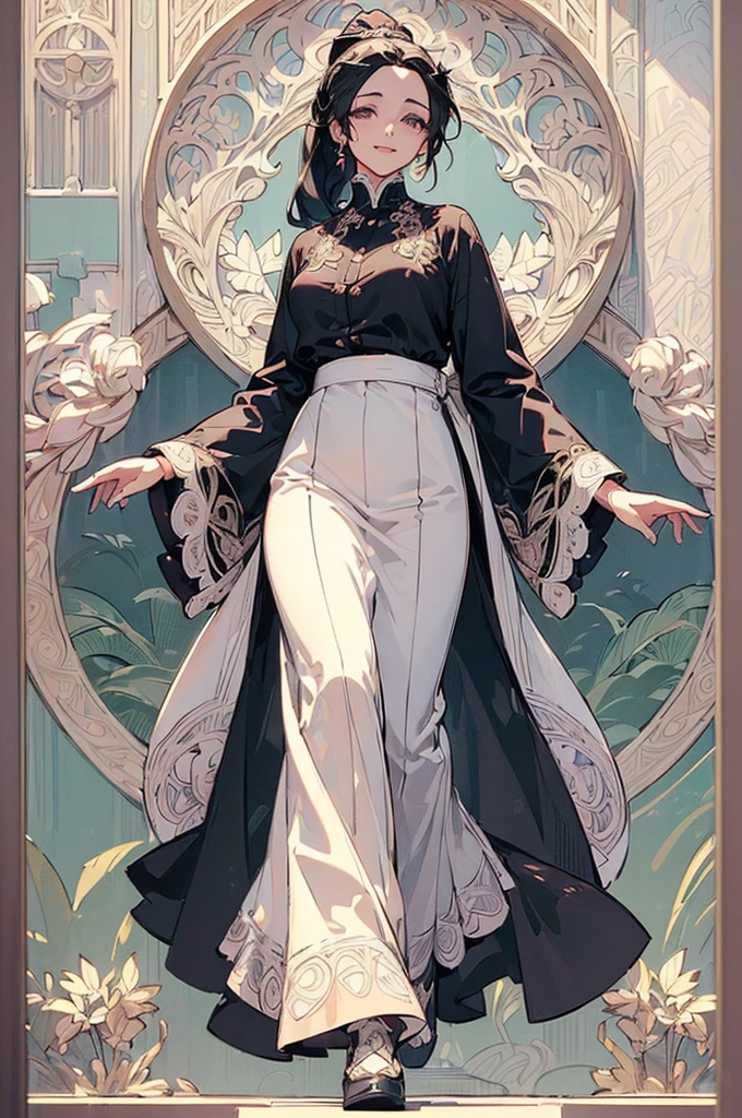 ((((High resolution, Intricate details, masterpiece, 8k)))), (((beautiful, Art Nouveau))), ((One Woman, full body, Walking)), (Black Hair, Long Hair, ponytail, slender), from front, looking at viewer, look at viewer, Red cheeks, smile, living, noon, bright,