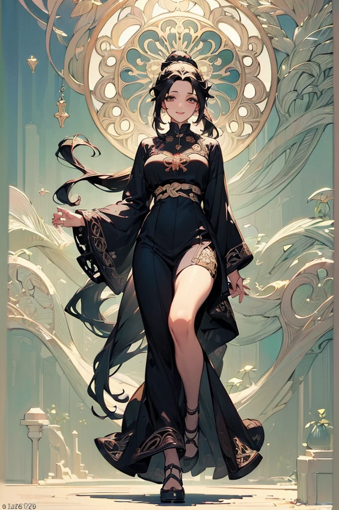 ((((High resolution, Intricate details, masterpiece, 8k)))), (((beautiful, Art Nouveau))), ((One Woman, full body, Walking)), (Black Hair, Long Hair, ponytail, slender), from front, looking at viewer, look at viewer, Red cheeks, smile, living, noon, bright,