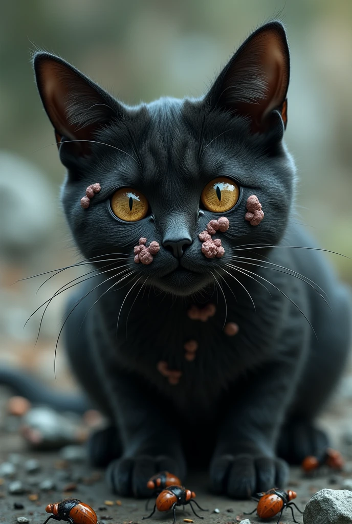 Haute qualité chat noir vraiment moche avec de l'acnées sur le visage et des mouches sur la peau , ugly , ultra realiste arriere plan espace