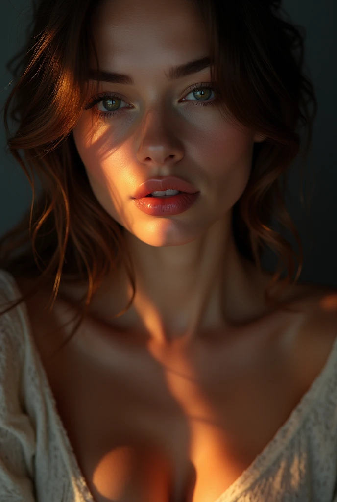 beautiful detailed woman, beautiful detailed eyes, beautiful detailed lips, extremely detailed face, 1girl, no bra, sensual expression, seductive look, looking at viewer, erotic pose, elegant, graceful, charming, (best quality,4k,8k,highres, masterpiece:1.2),ultra-detailed,(realistic,photorealistic,photo-realistic:1.37),chiaroscuro lighting,dramatic lighting,cinematic lighting,dramatic colors,vibrant colors,dark moody colors
