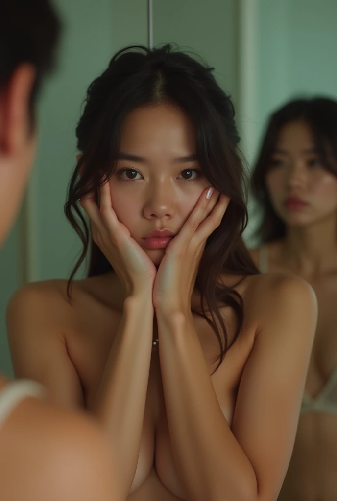 A beautiful, model-like Korean woman in her 20s masturbates in a mirrored room surrounded by men